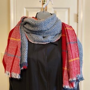 Two sided long scarf (blue/white chevron), (red/blue/white/yellow plaid …